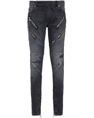 Balmain Panelled Distressed Skinny Jeans - Blue