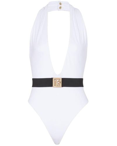 Balmain Neckholder-Badeanzug mit Logo-Schild - Weiß