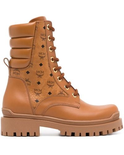 MCM Monogram Ankle Leather Boots - Brown