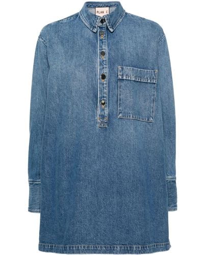 Plan C Denim Blouse Met Zijknopen - Blauw