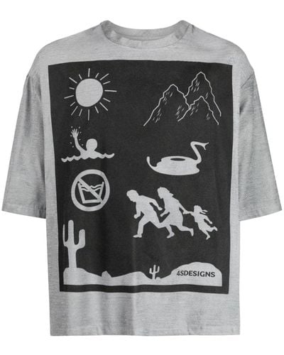 4SDESIGNS Graphic-print Mélange-effect T-shirt - Grey