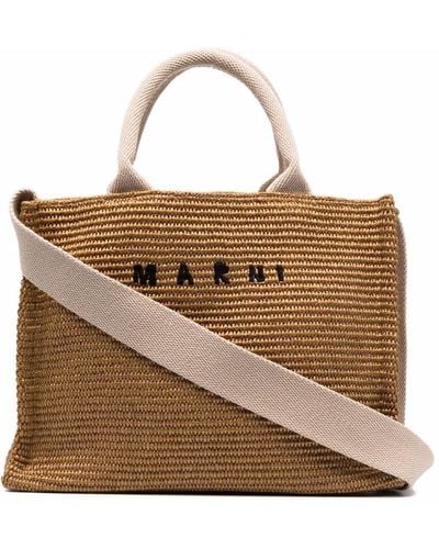Marni Borsa shopping in rafia e stampa logo donna - Marrone