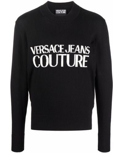 Versace ヴェルサーチェ・ジーンズ・クチュール ロゴ インターシャセーター - ブラック