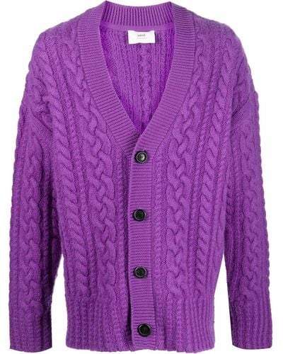 Ami Paris Drop-shoulder Cable-knit Cardigan - Purple