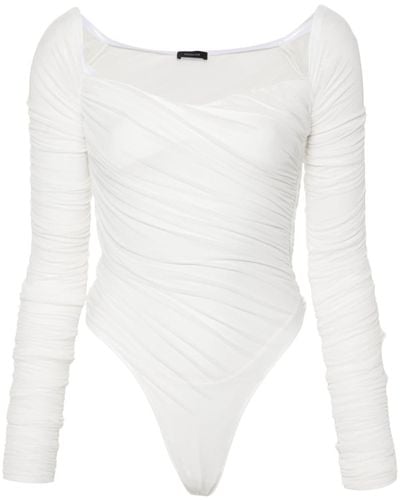 Mugler Off-shoulder Ruched Mesh Bodysuit - White