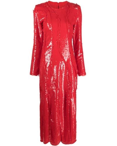 Ganni Robe longue plissée à empiècements en dentelle - Rouge