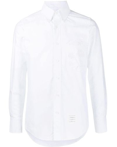 Thom Browne Embroidered-detail Long-sleeve Cotton Shirt - White
