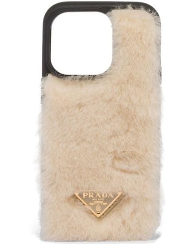 Prada Coque d'iPhone 14 Pro en peau lainée à plaque logo - Neutre