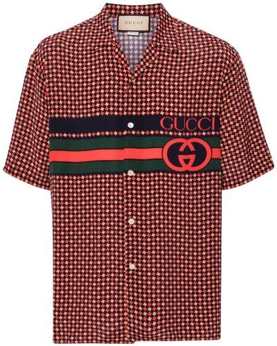 Gucci Zijden Overhemd Met Geometrische Pied-de-poule Print - Rood
