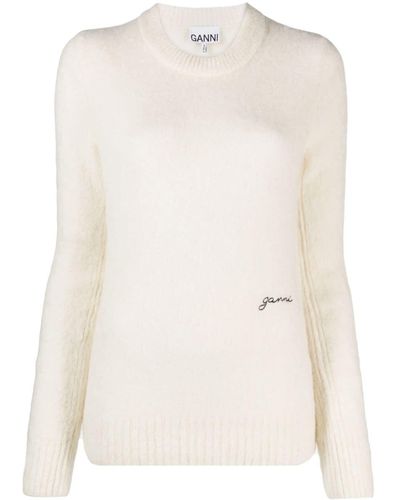 Ganni Logo-embroidered Wool-blend Sweater - Natural