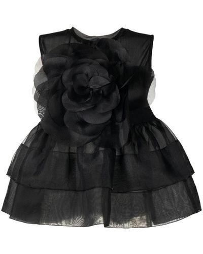 Cynthia Rowley Floral-appliqué Sleeveless Peplum Blouse - Black