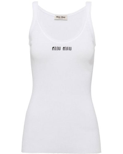 Miu Miu Ribbed Knit Cotton Tank Top - White
