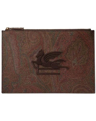 Etro Logo Embroidered Clutch Bag - Brown