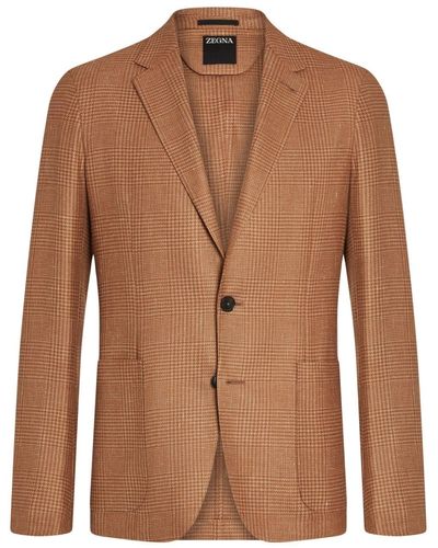 Zegna Checked Single-breasted Blazer - Brown