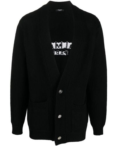 Balmain Intarsien-Cardigan mit Logo - Schwarz