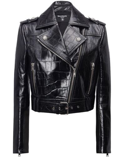 Balmain Leather Croc-embossed Biker Jacket - Black