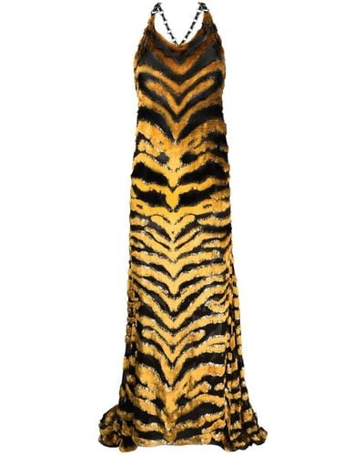 Roberto Cavalli Textured Tiger-stripe Semi-sheer Dress - Metallic