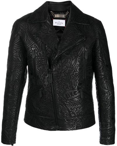 Philipp Plein Paisley-print leather biker jacket - Nero