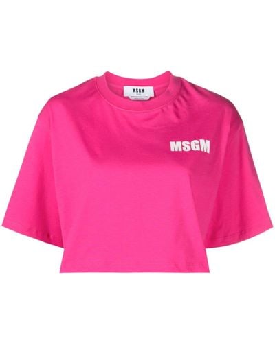 MSGM Logo-print Cotton Cropped T-shirt - Pink