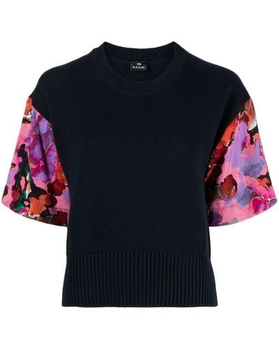 PS by Paul Smith Floral-sleeved Organic Cotton Sweatshirt - Blue