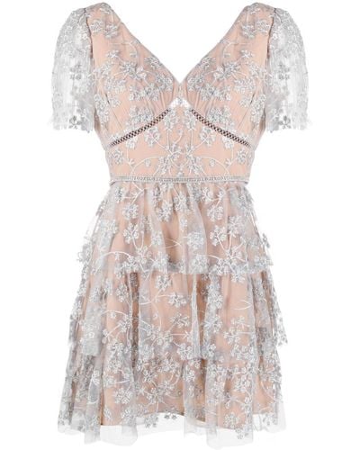 Self-Portrait Floral-embroidered Tulle Dress - Metallic