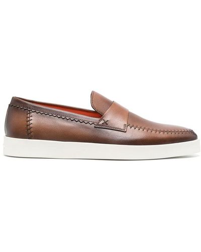 Santoni Almond-toe Leather Penny Loafers - Brown