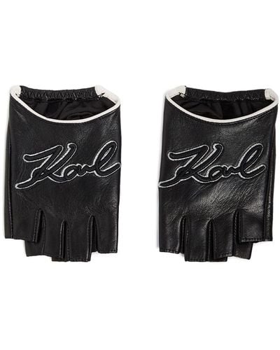 Karl Lagerfeld Signature Fingerless Leather Gloves - Black