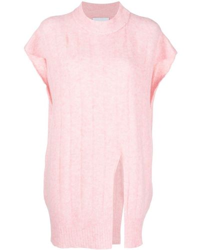 Rus Ribbed Short-sleeved Knitted Sweater - Pink