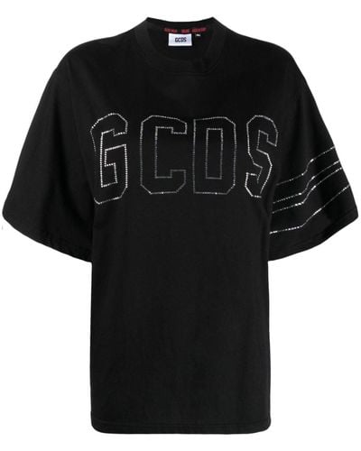 Gcds Cotton T-shirt With Crystal Logo - Black