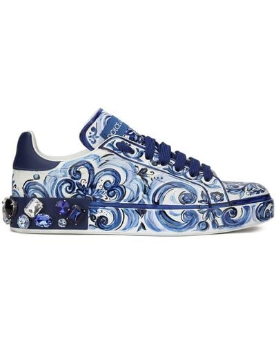 Dolce & Gabbana Majolica-Print Calfskin Portofino Sneakers - Blue