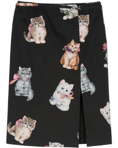 Vivetta Cats-print Belted Skirt - Black