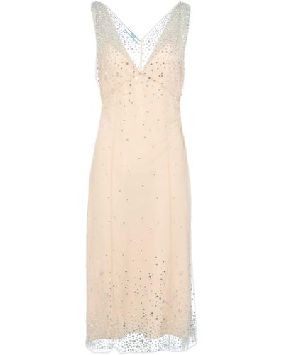 Prada Tulen Midi-jurk Verfraaid Met Kristallen - Naturel