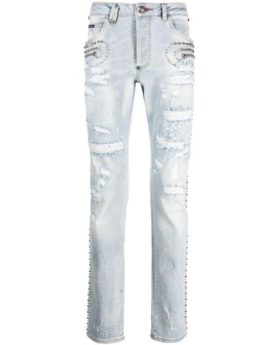 Philipp Plein Stud-embellished Distressed Jeans - Blue