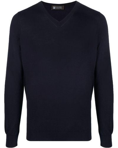 Colombo V-neck Fine-knit Sweater - Blue