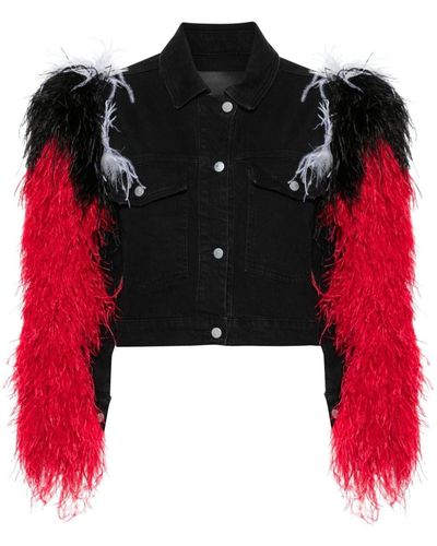 Loulou Feather-Detail Denim Jacket - Red