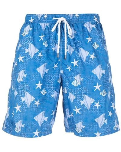 Fedeli Fish-pattern Swim Shorts - Blue