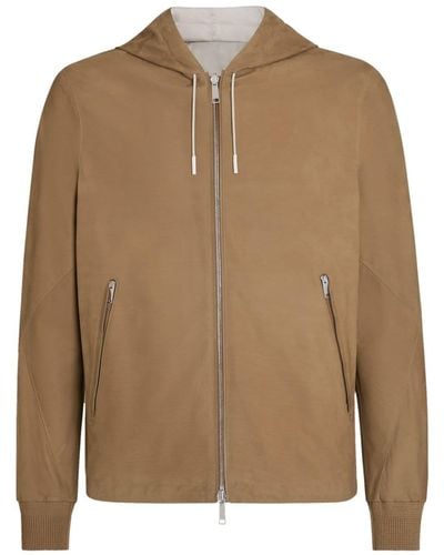 ZEGNA Hooded Zip-front Leather Jacket - Brown