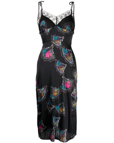 Cynthia Rowley Abstract-print Lace-detail Silk Midi Dress - Black