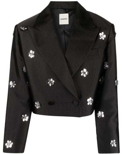 Sandro Flower-embellished Cropped Blazer - Black