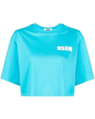 MSGM Logo-print Cropped Cotton T-shirt - Blue