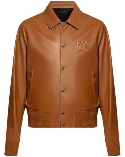 Amiri Logo-embossed leather jacket - Braun
