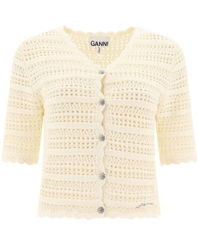 Ganni Organic-cotton Pointelle-knit Cardigan - Natural