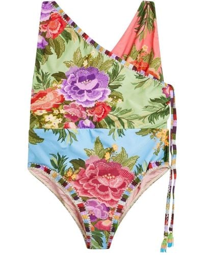 FARM Rio Floral-print Draped Swimsuit - Green