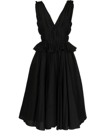 Pushbutton V-neck Midi Dress - Black