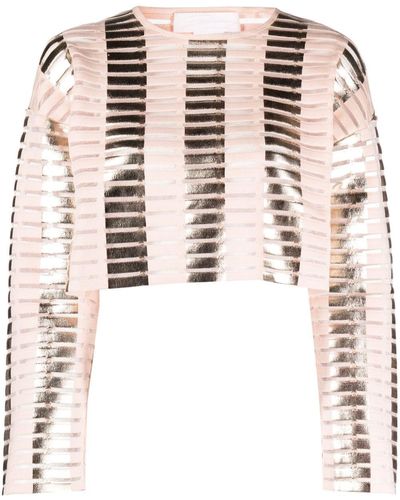 Genny Foiled-finish Striped Cropped Top - Pink