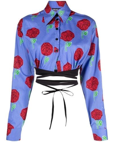 Versace Cropped-Bluse mit Blumen-Print - Blau