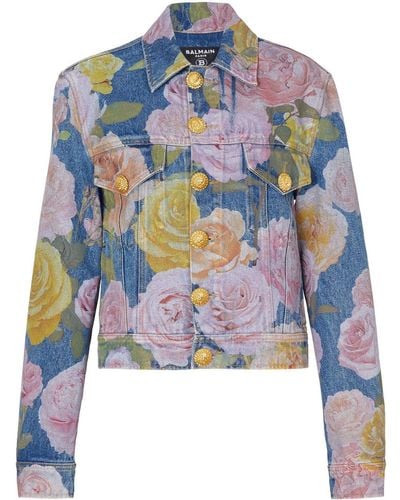 Balmain Rose-print Denim Jacket - Blue