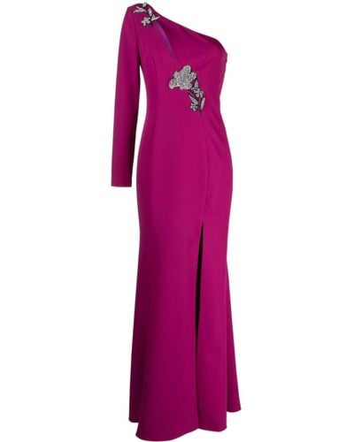Marchesa Floral-appliqué One-shoulder Gown - Purple