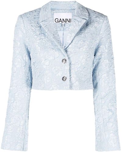 Ganni Cropped Jacquard Jacket - Blue