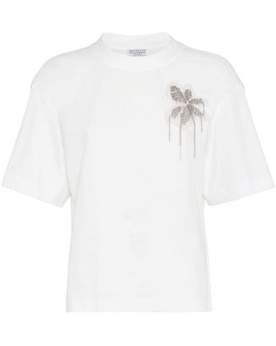 Brunello Cucinelli Bead-embellished Cotton T-shirt - White